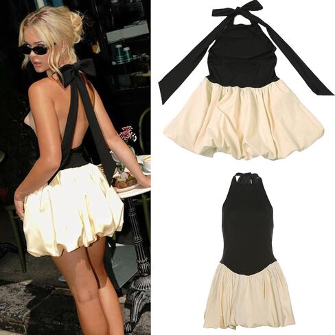 Clispiy Women Bubble Halter Mini Dress Ruffle Balloon Backless Puffy Dress in Saudi Arabia