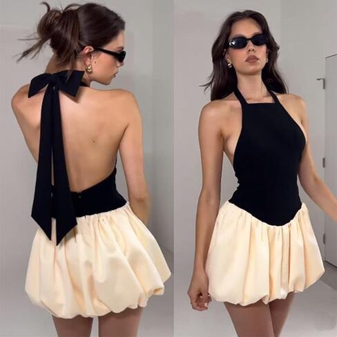 Clispiy Women Bubble Halter Mini Dress Ruffle Balloon Backless Puffy Dress in Saudi Arabia