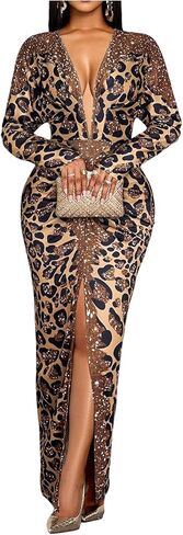 GORGLITTER Women's Leopard Print Body Maxi Dress Deep V Neck Slit Cheetah Long Sleeve Pencil Long Birthday Party Dresses in Saudi Arabia
