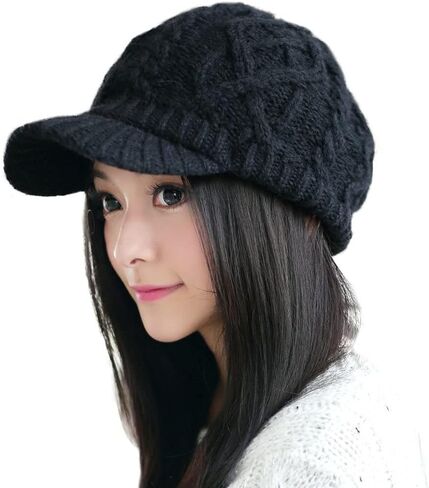 Comhats Winter Knitted Beanie Visor with Brim Newsboy Hats for Women Wool Fashion Ladies Cold Weather Warm Dark Black Medium in Saudi Arabia
