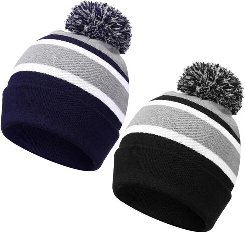 Shihanee Striped Beanie with Pom for Men and Women Soft Acrylic Knit Cuffed Warm Beanie Cap Winter Hat Outdoor Multicolor in Saudi Arabia