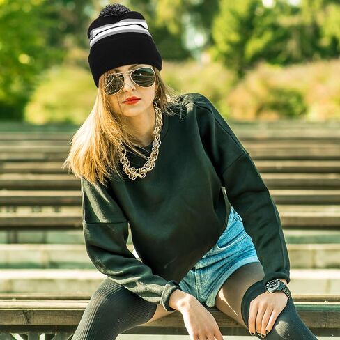 Shihanee Striped Beanie with Pom for Men and Women Soft Acrylic Knit Cuffed Warm Beanie Cap Winter Hat Outdoor Multicolor in Saudi Arabia