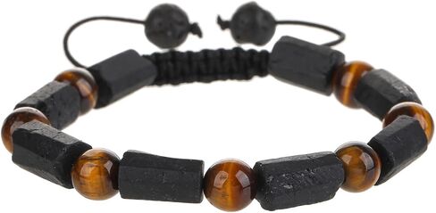 Black Tourmaline and Tiger Eye Beaded Bracelet - 8 pc Handmade Natural Stone Protection and Energy Adjustable Bracelet - Men's and Women's Jewelry in Saudi Arabia