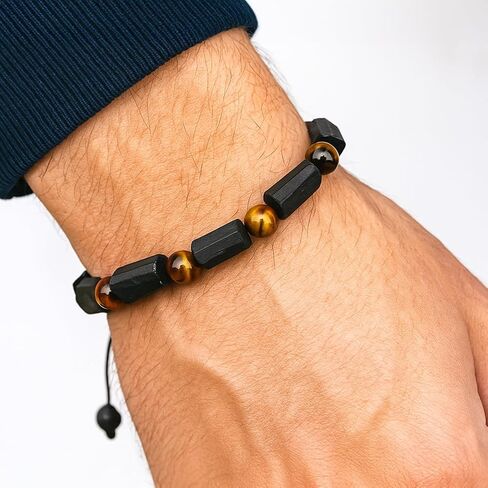 Black Tourmaline and Tiger Eye Beaded Bracelet - 8 pc Handmade Natural Stone Protection and Energy Adjustable Bracelet - Men's and Women's Jewelry in Saudi Arabia
