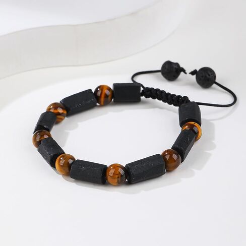 Black Tourmaline and Tiger Eye Beaded Bracelet - 8 pc Handmade Natural Stone Protection and Energy Adjustable Bracelet - Men's and Women's Jewelry in Saudi Arabia
