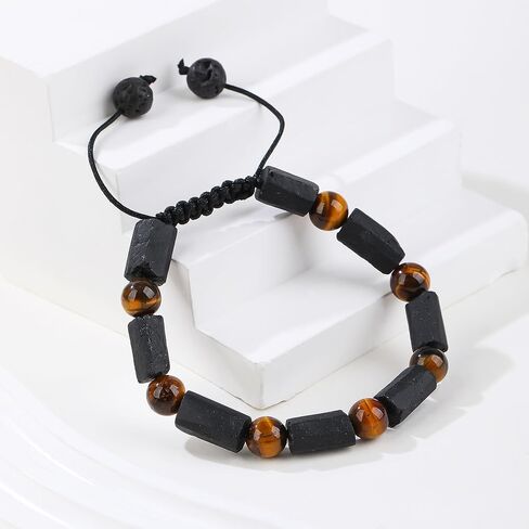 Black Tourmaline and Tiger Eye Beaded Bracelet - 8 pc Handmade Natural Stone Protection and Energy Adjustable Bracelet - Men's and Women's Jewelry in Saudi Arabia