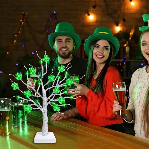 زينة عيد القديس باتريك - شجرة منضدية مضاءة مقاس 18 بوصة مع 24 شامروك أخضر وأضواء LED، ديكور يوم القديس باتريك للمنزل والطاولة والمكتب والاستخدام الداخلي in Kuwait
