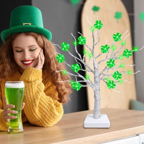 زينة عيد القديس باتريك - شجرة منضدية مضاءة مقاس 18 بوصة مع 24 شامروك أخضر وأضواء LED، ديكور يوم القديس باتريك للمنزل والطاولة والمكتب والاستخدام الداخلي in Kuwait