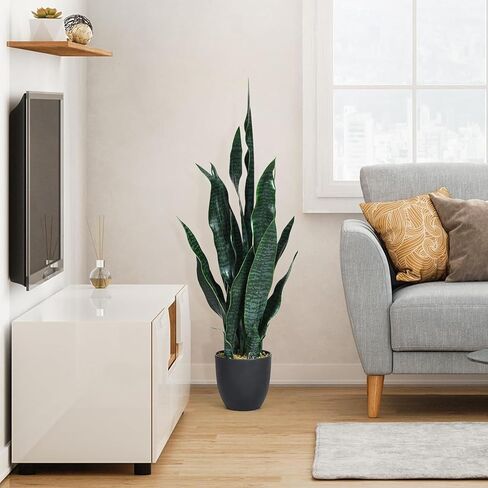 HAPPYGRILL Artificial Snake Plant, 3 FT Fake Sansevieria Plant with 20 Thick Leaves, Faux Floor Plant in Black Pot for Living Room Home Office Indoor Decoration, Green (1) in Saudi Arabia