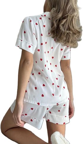 MOBJVIY Womens 2 Piece Pajamas Shorts Set Valentine Love Heart Print Short Sleeve Button Shirt&Shorts Loungewear in Saudi Arabia