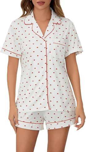 MOBJVIY Womens 2 Piece Pajamas Shorts Set Valentine Love Heart Print Short Sleeve Button Shirt&Shorts Loungewear in Saudi Arabia