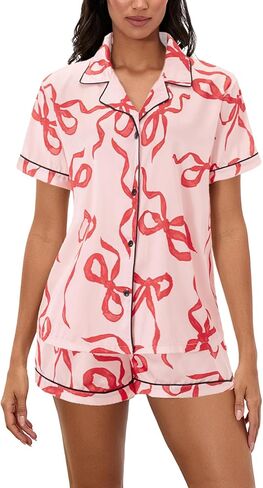 MOBJVIY Womens 2 Piece Pajamas Shorts Set Valentine Love Heart Print Short Sleeve Button Shirt&Shorts Loungewear in Saudi Arabia