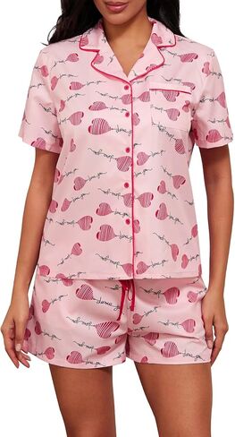 MOBJVIY Womens 2 Piece Pajamas Shorts Set Valentine Love Heart Print Short Sleeve Button Shirt&Shorts Loungewear in Saudi Arabia