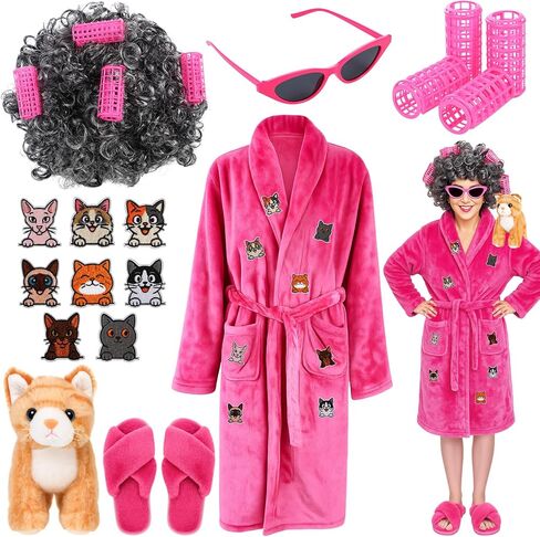 Chicingyou 18 Pcs Halloween Cat Lady Costume for Women Robe Old Lady Wig Slippers Glasses Curlers Plush Stuffed Cat Patches Hair Net for Women Lovers Cosplay Halloween Themed Parties Rose Red in Saudi Arabia