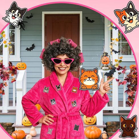 Chicingyou 18 Pcs Halloween Cat Lady Costume for Women Robe Old Lady Wig Slippers Glasses Curlers Plush Stuffed Cat Patches Hair Net for Women Lovers Cosplay Halloween Themed Parties Rose Red in Saudi Arabia