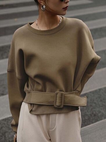 UOOZEE Women's Buckle Belted Oversized Sweatshirt Long Sleeve Crewneck Tie Waist Pullover Tops Fall Winter Casual Street Wear in Saudi Arabia