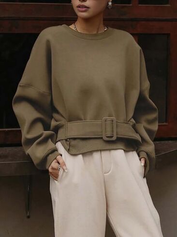 UOOZEE Women's Buckle Belted Oversized Sweatshirt Long Sleeve Crewneck Tie Waist Pullover Tops Fall Winter Casual Street Wear in Saudi Arabia