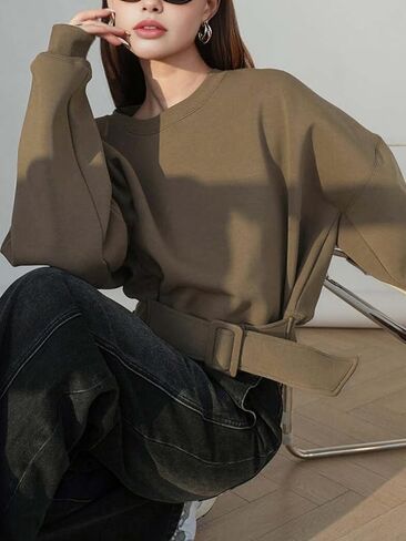 UOOZEE Women's Buckle Belted Oversized Sweatshirt Long Sleeve Crewneck Tie Waist Pullover Tops Fall Winter Casual Street Wear in Saudi Arabia