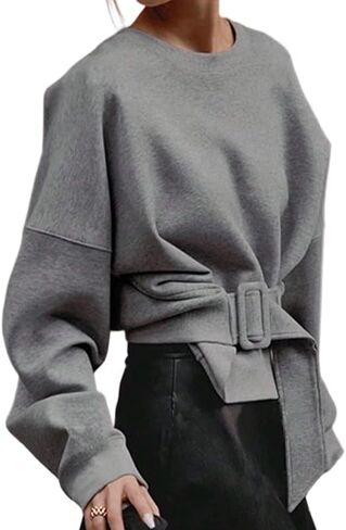 UOOZEE Women's Buckle Belted Oversized Sweatshirt Long Sleeve Crewneck Tie Waist Pullover Tops Fall Winter Casual Street Wear in Saudi Arabia