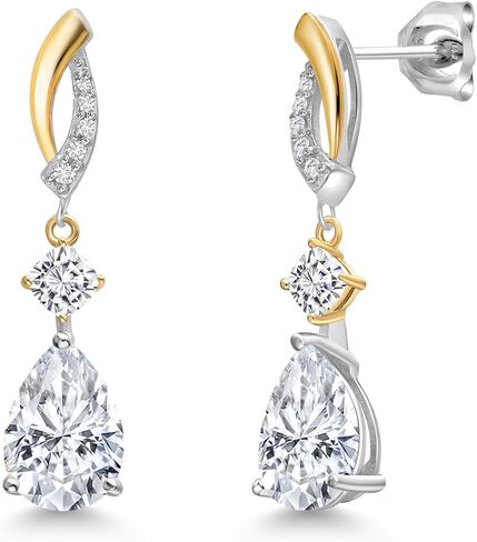 أقراط متدلية من Gem Stone King 4.41 قيراط من الفضة عيار 925 والذهب الأصفر عيار 10 قيراط والمويسانتي الأبيض والماس الأبيض المزروع للنساء | شكل كمثرى 10 × 7 مم in Saudi Arabia