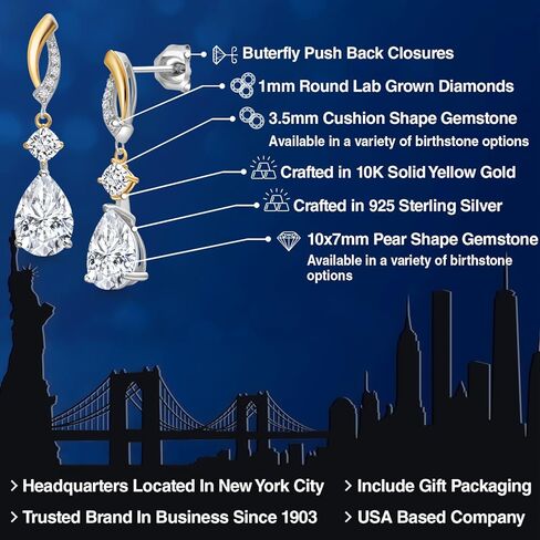 أقراط متدلية من Gem Stone King 4.41 قيراط من الفضة عيار 925 والذهب الأصفر عيار 10 قيراط والمويسانتي الأبيض والماس الأبيض المزروع للنساء | شكل كمثرى 10 × 7 مم in Saudi Arabia