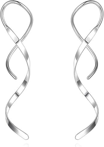 Silver Dangle Earrings, Hypoallergenic 14K White Gold Plated Twisted Pull Through Drop Earrings for Women Dainty Lightweight Jewelry for Valentines Mother's Day Birthday Thanksgiving Day Gifts in Saudi Arabia