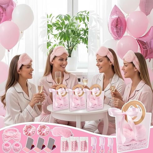 MXQHXZSX 92 Pcs Pink Spa Sleepover Party Supplies for Girls, Include Skincare Headband Set Scrunchie Eye Mask, Mirror Hair, Comb, Nail Care Gift Bags for Spa Slumber Birthday Party Favors Supplies in Saudi Arabia