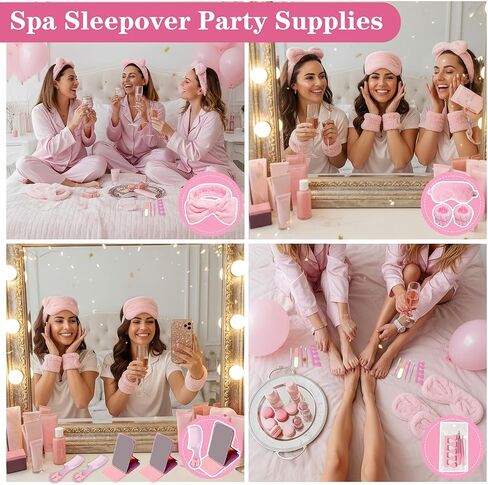 MXQHXZSX 92 Pcs Pink Spa Sleepover Party Supplies for Girls, Include Skincare Headband Set Scrunchie Eye Mask, Mirror Hair, Comb, Nail Care Gift Bags for Spa Slumber Birthday Party Favors Supplies in Saudi Arabia