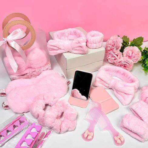 MXQHXZSX 92 Pcs Pink Spa Sleepover Party Supplies for Girls, Include Skincare Headband Set Scrunchie Eye Mask, Mirror Hair, Comb, Nail Care Gift Bags for Spa Slumber Birthday Party Favors Supplies in Saudi Arabia