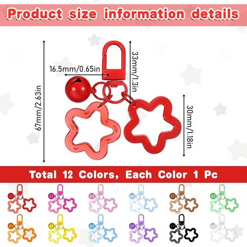 12 Pcs Acrylic Star Keychain with Metal Lobster Colorful Star and Bell Keychain Candy Color Pendant Key Charm Clip for Women Backpack Car Keys (12 Colors) in Saudi Arabia
