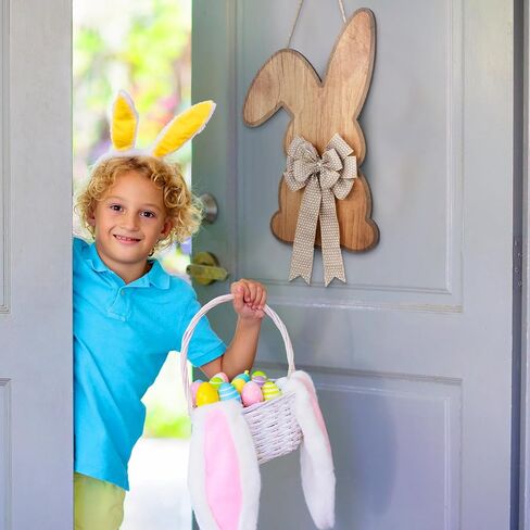Menkxi Easter Wreath Door Hanger for Front Door Easter Bunny Signs with Bow Bunny Wreath Decor Rustic Spring Wooden Hanging Decorations for Wall Home Indoor Outdoor, 16 X11 Inch in Saudi Arabia
