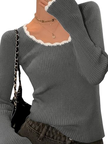 سترات نسائية من EMMIOL محبوكة بشكل لطيف، قمصان مضلعة ذات رقبة واسعة وأكمام طويلة، ملابس للخروج Y2K in Kuwait