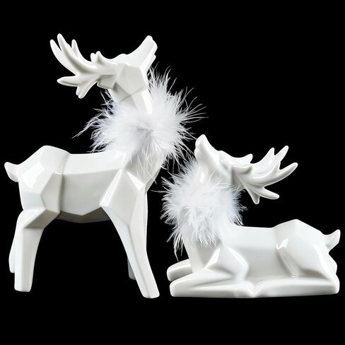 Allbaiyl 2Pcs Ceramic Christmas Reindeer Figurines White Deer for Winter Home Kitchen Office Indoor Table Top Neutral Decor in Saudi Arabia