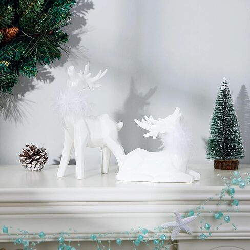 Allbaiyl 2Pcs Ceramic Christmas Reindeer Figurines White Deer for Winter Home Kitchen Office Indoor Table Top Neutral Decor in Saudi Arabia