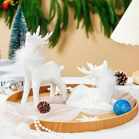 Allbaiyl 2Pcs Ceramic Christmas Reindeer Figurines White Deer for Winter Home Kitchen Office Indoor Table Top Neutral Decor in Saudi Arabia