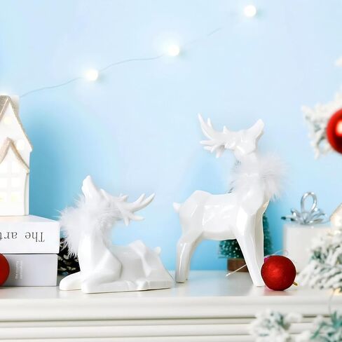 Allbaiyl 2Pcs Ceramic Christmas Reindeer Figurines White Deer for Winter Home Kitchen Office Indoor Table Top Neutral Decor in Saudi Arabia