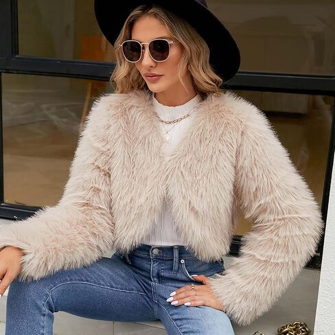 FPMLUXLL Winter Coats for Women Shaggy Furry Cropped Faux Fur Jacket Winter Warm Solid Color Long Sleeve Parka Coat in Saudi Arabia
