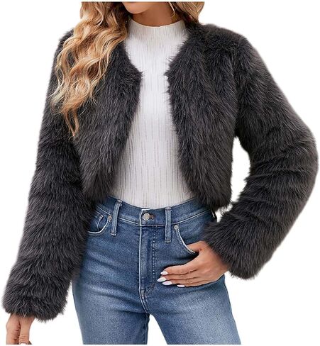 FPMLUXLL Winter Coats for Women Shaggy Furry Cropped Faux Fur Jacket Winter Warm Solid Color Long Sleeve Parka Coat in Saudi Arabia