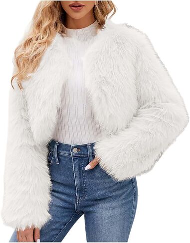 FPMLUXLL Winter Coats for Women Shaggy Furry Cropped Faux Fur Jacket Winter Warm Solid Color Long Sleeve Parka Coat in Saudi Arabia