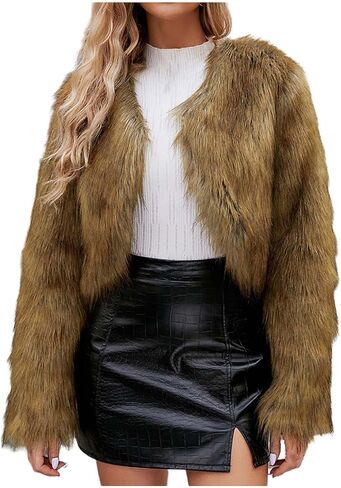 FPMLUXLL Winter Coats for Women Shaggy Furry Cropped Faux Fur Jacket Winter Warm Solid Color Long Sleeve Parka Coat in Saudi Arabia