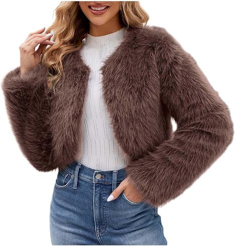 FPMLUXLL Winter Coats for Women Shaggy Furry Cropped Faux Fur Jacket Winter Warm Solid Color Long Sleeve Parka Coat in Saudi Arabia