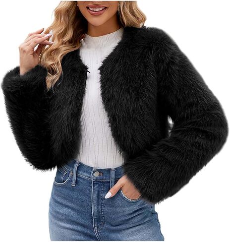 FPMLUXLL Winter Coats for Women Shaggy Furry Cropped Faux Fur Jacket Winter Warm Solid Color Long Sleeve Parka Coat in Saudi Arabia