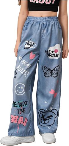 SHENHE Girl's Wide Leg Elastic Waist Graphic Butterfly Print Loose Preppy Pants Trousers in Saudi Arabia