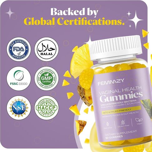 FEMMZY صمغ بروبيوتيك مهبلي للنساء - دعم BV والرائحة، وتوازن الأس الهيدروجيني، والنباتات الحميمة وصحة الأمعاء - سلالات العصيات اللبنية المتقدمة + مزيج البريبايوتك + فيتامين C للمناعة - الأناناس اللذيذ in Saudi Arabia