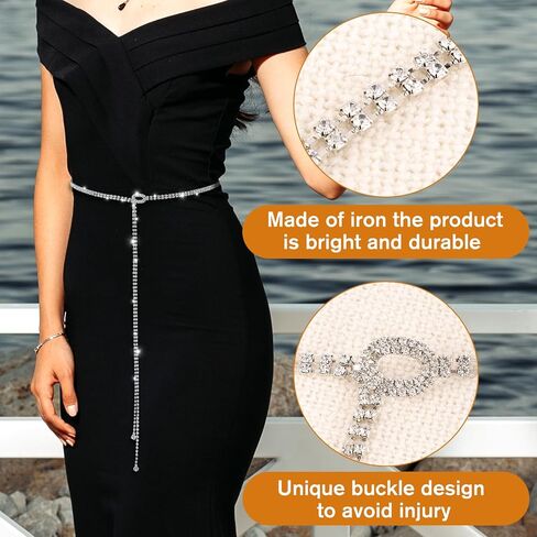 Ptwola Rhinestone Belts for Women Silver Sparkly Dress Belts Crystal Chain Belt for Dress Bling Chain Thin Belt Stylish Women's Waistband for Wedding Party Girl in Kuwait