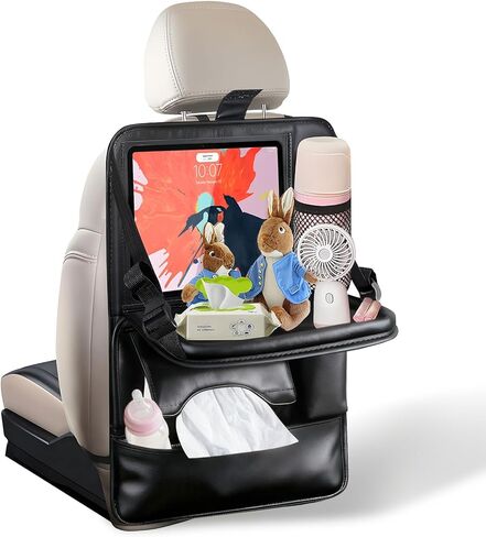 2-Pack Leather Car Backseat Organizer with Tablet Holder–Foldable Food Tray,Storage Pockets,Trash Can,Tissue Holder & Insulated Bag–Kick Mats Protector for Kids,Travel Accessories Organizer in Kuwait