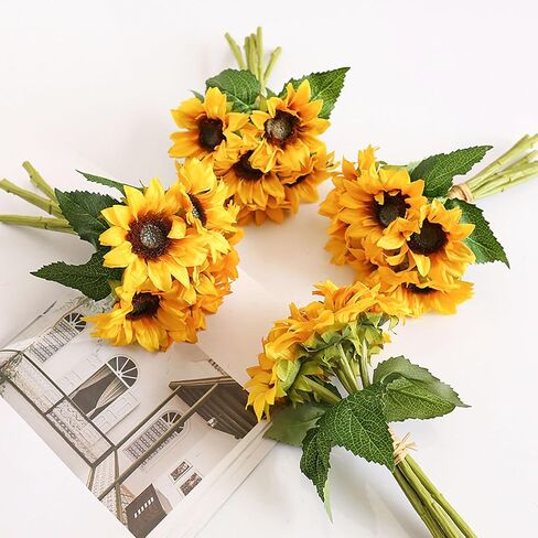 Seazbay 6PCS Artificial Flowers Sunflowers Bouquet, Faux Flowers with Stems Fake Sunflowers Bulk for Wedding Floral Arrangement Home Party Office Indoor Outdoor Fall Autumn Decor in Saudi Arabia