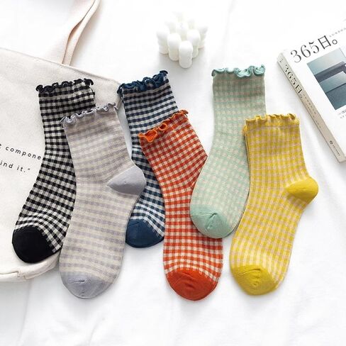 6 Pairs of Women's Ruffled Socks - Cute Plaid Cotton Knit Casual No-Show Socks, Elastic & Comfortable for Daily Wear in Saudi Arabia
