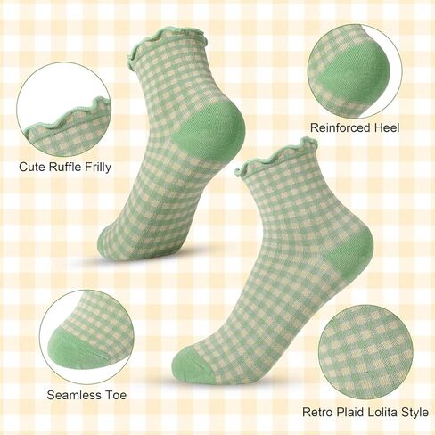 6 Pairs of Women's Ruffled Socks - Cute Plaid Cotton Knit Casual No-Show Socks, Elastic & Comfortable for Daily Wear in Saudi Arabia