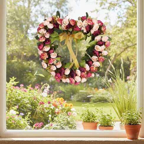 Heart-Shaped Wreath 14inch Artificial Pink Rose Floral Garland Valentines Wreath with Ribbons for Front Door Valentine's Day Home Party Wedding Decorations in Saudi Arabia